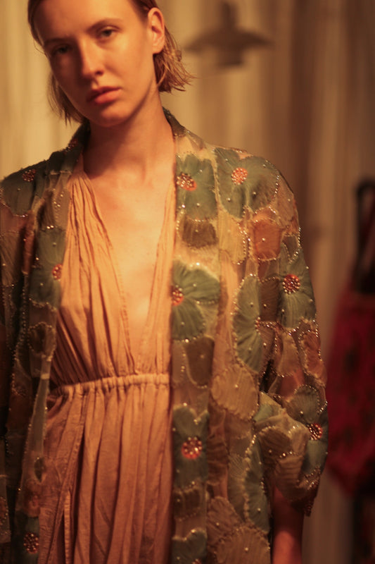 FLO SEQUINED EMBROIDERED SHORT KIMONO BLUE - MOMO STUDIO BERLIN - Berlin Concept Store - sustainable & ethical fashion