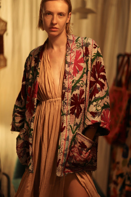 GINEVRA KANTHA EMBROIDERED KIMONO BURGUNDY - MOMO STUDIO BERLIN - Berlin Concept Store - sustainable & ethical fashion