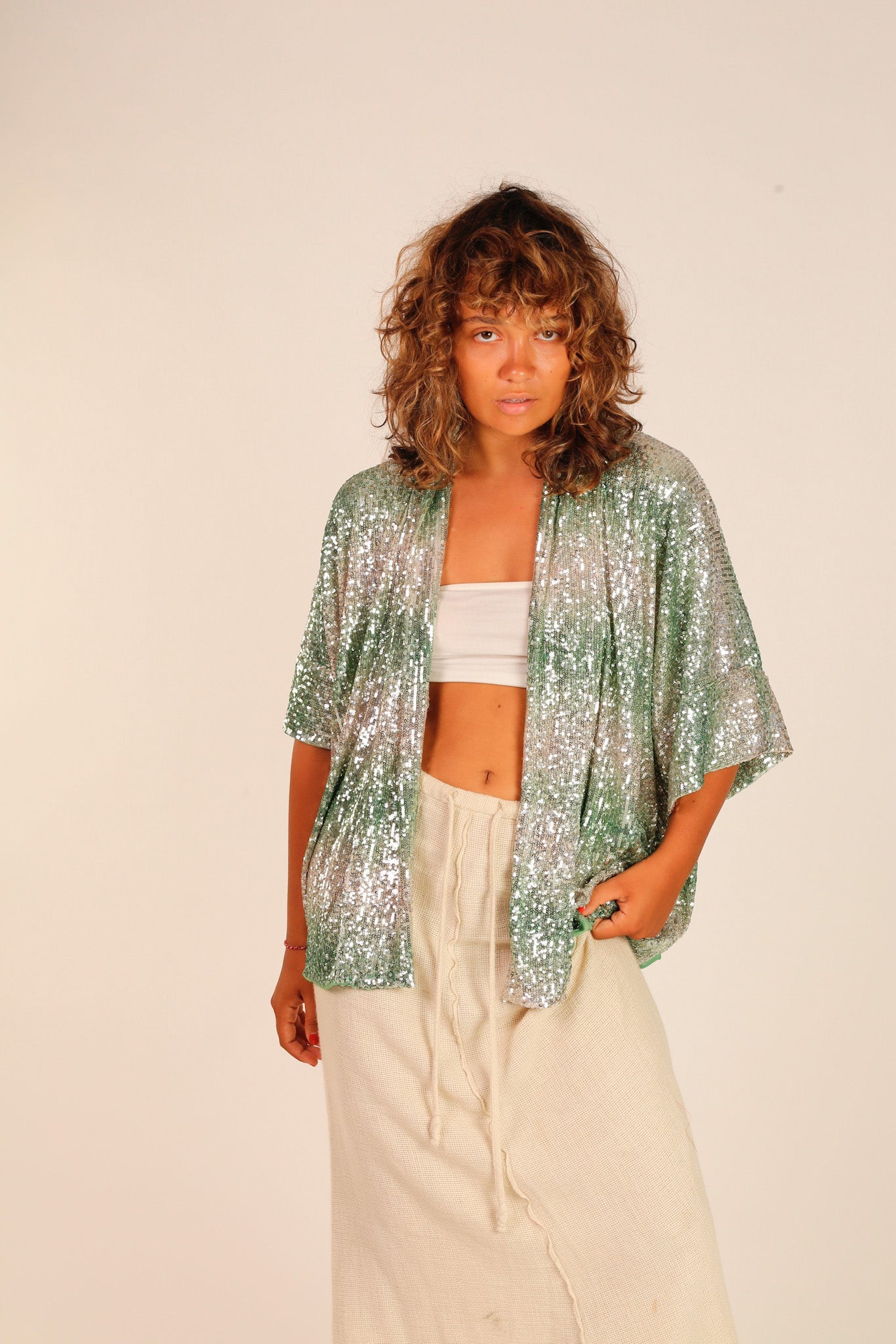 GREEN SEQUIN SHORT KIMONO LUKA - MOMO STUDIO BERLIN - Berlin Concept Store - sustainable & ethical fashion