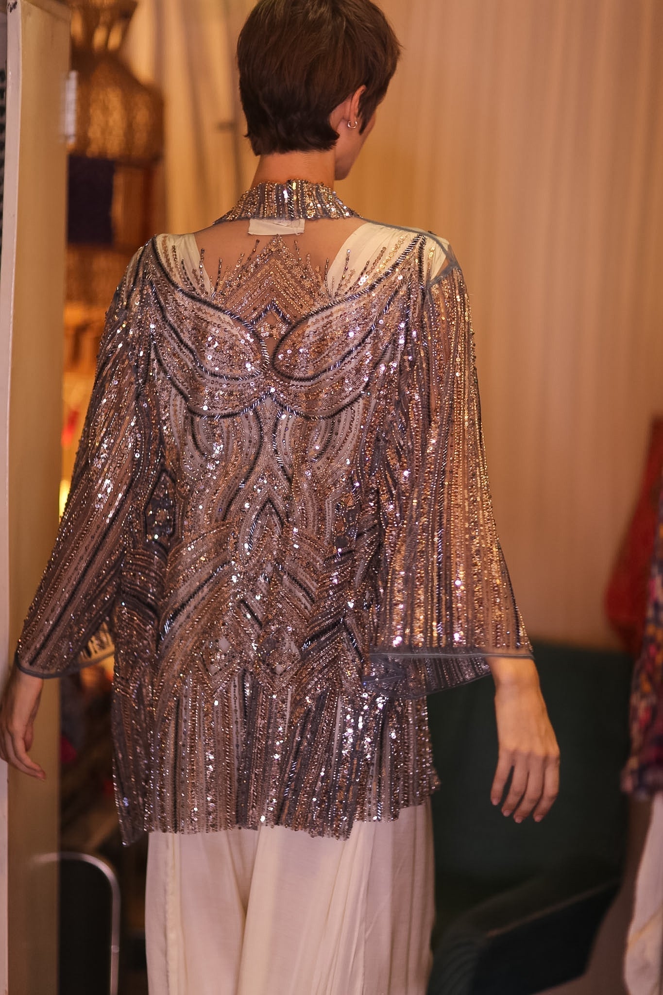 HEAVY SEQUIN EMBROIDERD SHORT KIMONO GREY FAIRY - MOMO STUDIO BERLIN - Berlin Concept Store - sustainable & ethical fashion