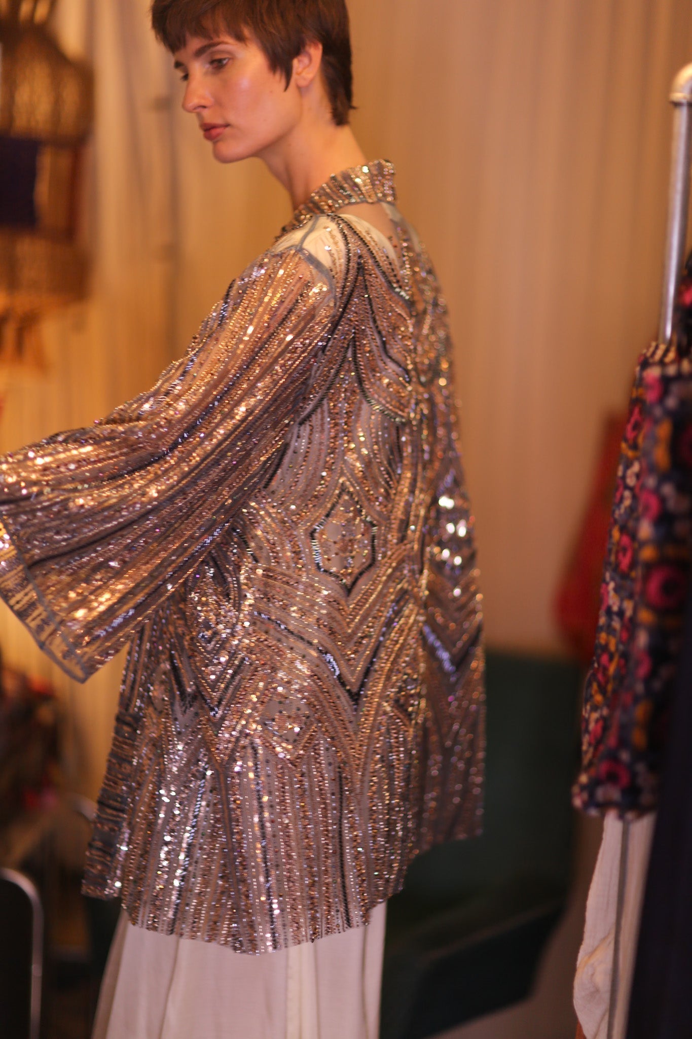 HEAVY SEQUIN EMBROIDERD SHORT KIMONO GREY FAIRY - MOMO STUDIO BERLIN - Berlin Concept Store - sustainable & ethical fashion