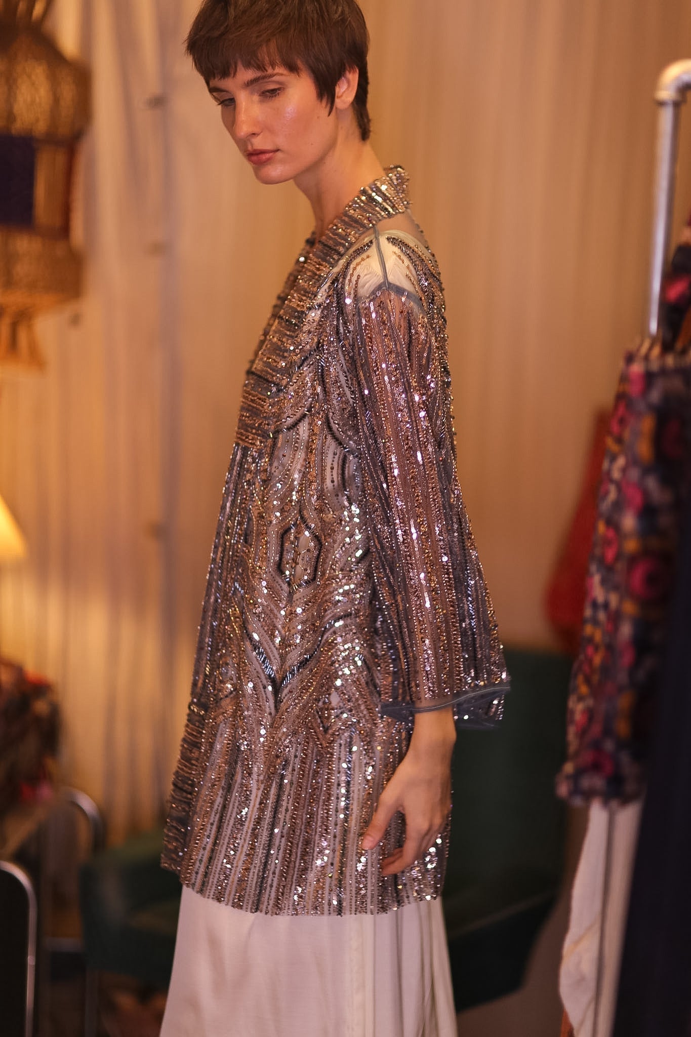 HEAVY SEQUIN EMBROIDERD SHORT KIMONO GREY FAIRY - MOMO STUDIO BERLIN - Berlin Concept Store - sustainable & ethical fashion