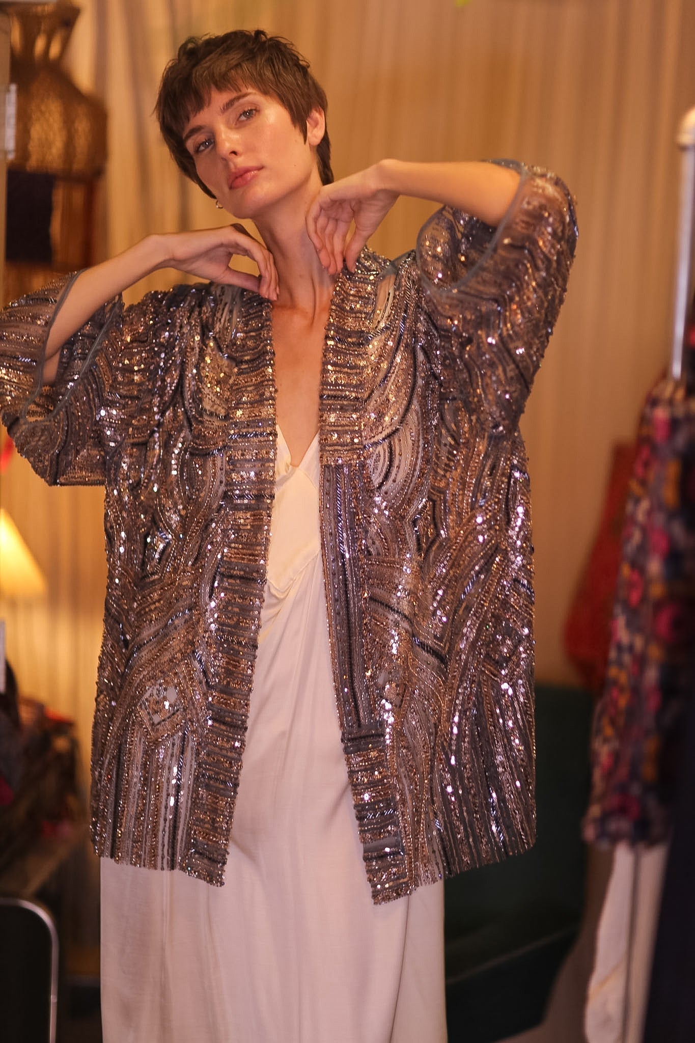 HEAVY SEQUIN EMBROIDERD SHORT KIMONO GREY FAIRY - MOMO STUDIO BERLIN - Berlin Concept Store - sustainable & ethical fashion
