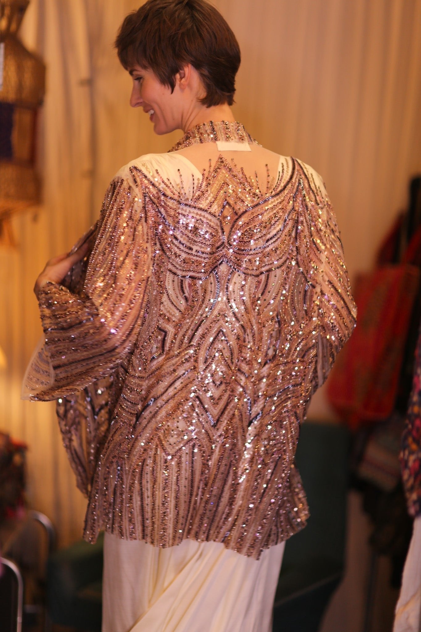 HEAVY SEQUIN EMBROIDERED SILK SHORT KIMONO WHITE FAIRY - MOMO STUDIO BERLIN - Berlin Concept Store - sustainable & ethical fashion