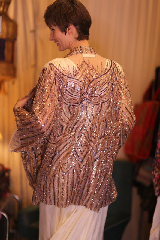 HEAVY SEQUIN EMBROIDERED SILK SHORT KIMONO WHITE FAIRY - MOMO STUDIO BERLIN - Berlin Concept Store - sustainable & ethical fashion