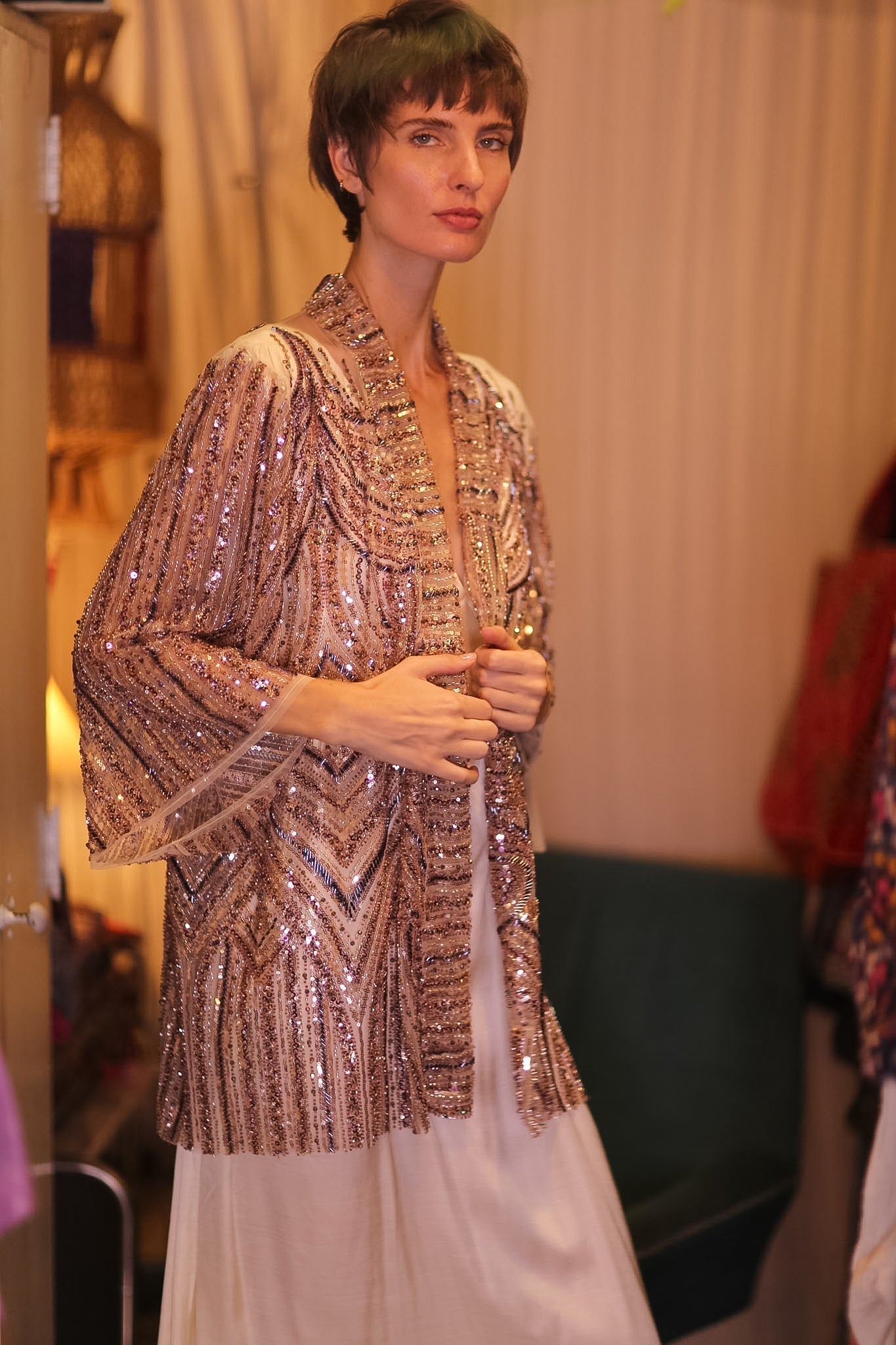 HEAVY SEQUIN EMBROIDERED SILK SHORT KIMONO WHITE FAIRY - MOMO STUDIO BERLIN - Berlin Concept Store - sustainable & ethical fashion