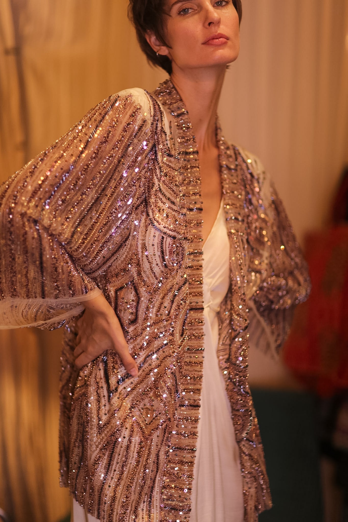 HEAVY SEQUIN EMBROIDERED SILK SHORT KIMONO WHITE FAIRY - MOMO STUDIO BERLIN - Berlin Concept Store - sustainable & ethical fashion