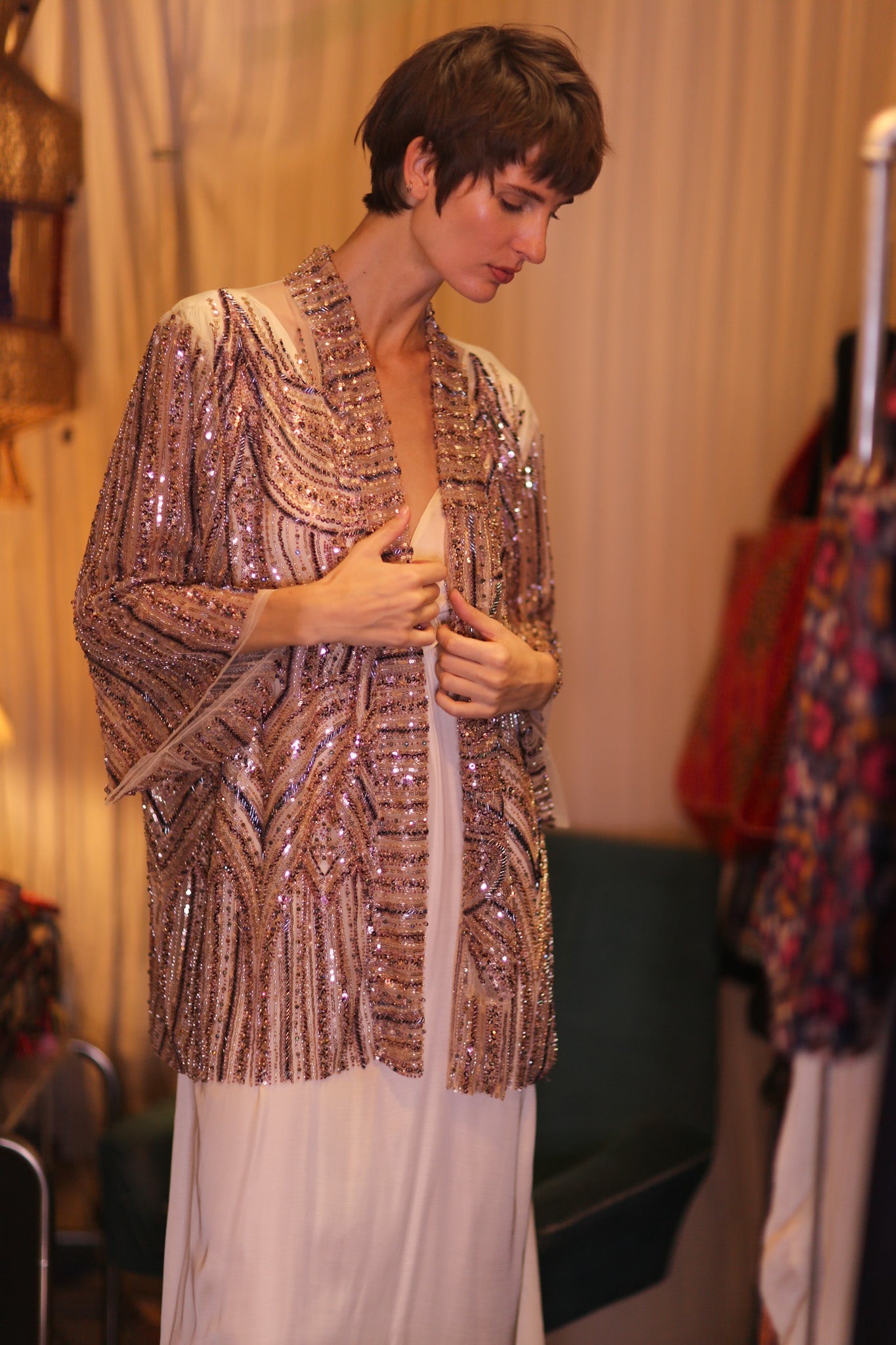 HEAVY SEQUIN EMBROIDERED SILK SHORT KIMONO WHITE FAIRY - MOMO STUDIO BERLIN - Berlin Concept Store - sustainable & ethical fashion