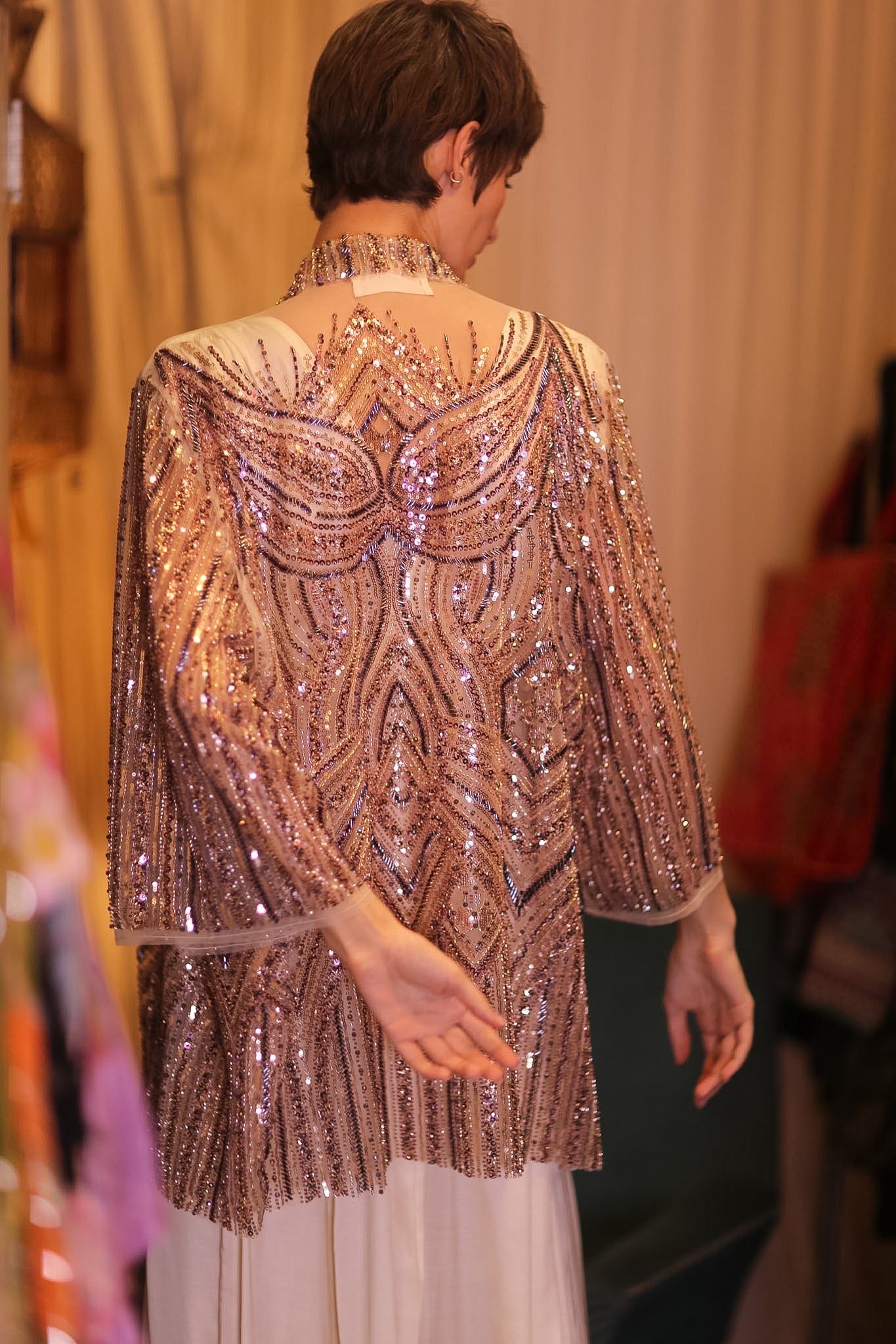 HEAVY SEQUIN EMBROIDERED SILK SHORT KIMONO WHITE FAIRY - MOMO STUDIO BERLIN - Berlin Concept Store - sustainable & ethical fashion