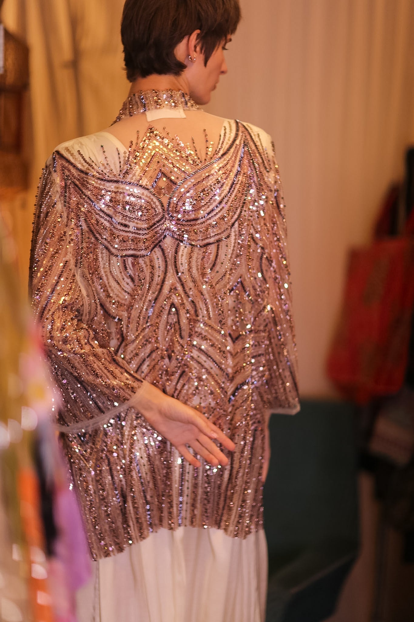 HEAVY SEQUIN EMBROIDERED SILK SHORT KIMONO WHITE FAIRY - MOMO STUDIO BERLIN - Berlin Concept Store - sustainable & ethical fashion