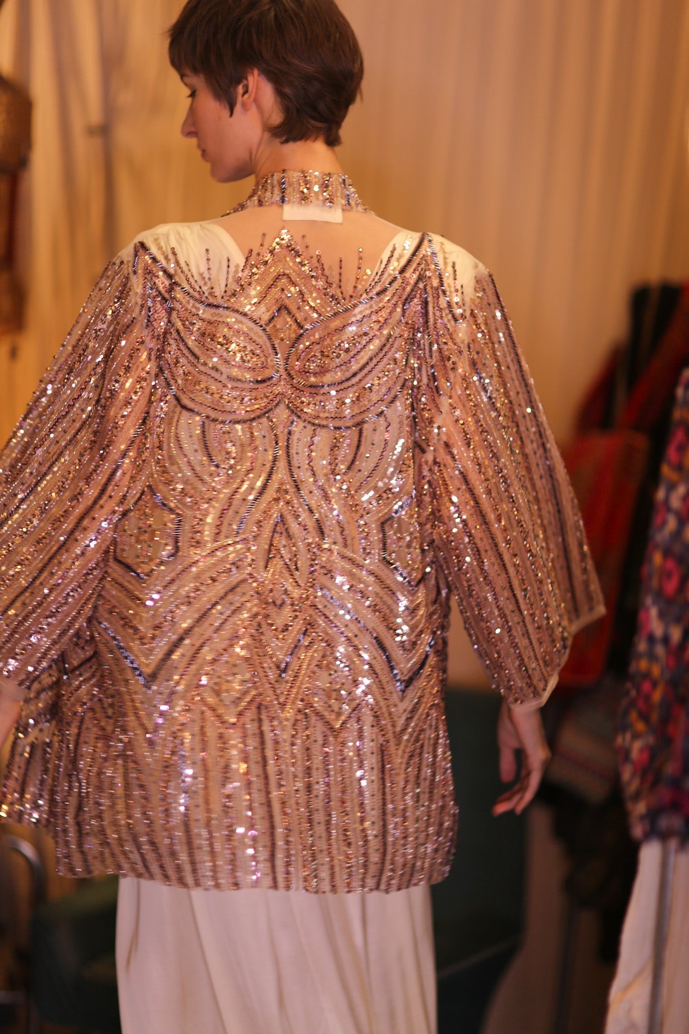 HEAVY SEQUIN EMBROIDERED SILK SHORT KIMONO WHITE FAIRY - MOMO STUDIO BERLIN - Berlin Concept Store - sustainable & ethical fashion