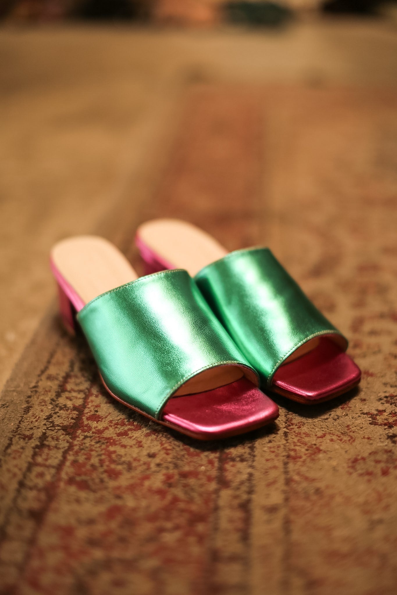 HEELED MULES LORIN GREEN PINK - sustainably made MOMO NEW YORK sustainable clothing, mules slow fashion