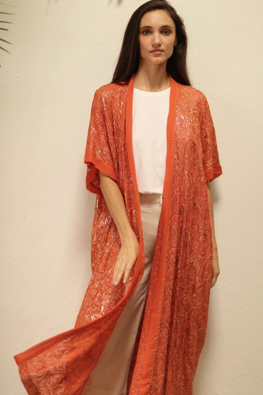 HELIOS ORANGE SILK SEQUIN EMBEROIDERED KIMONO - MOMO STUDIO BERLIN - Berlin Concept Store - sustainable & ethical fashion