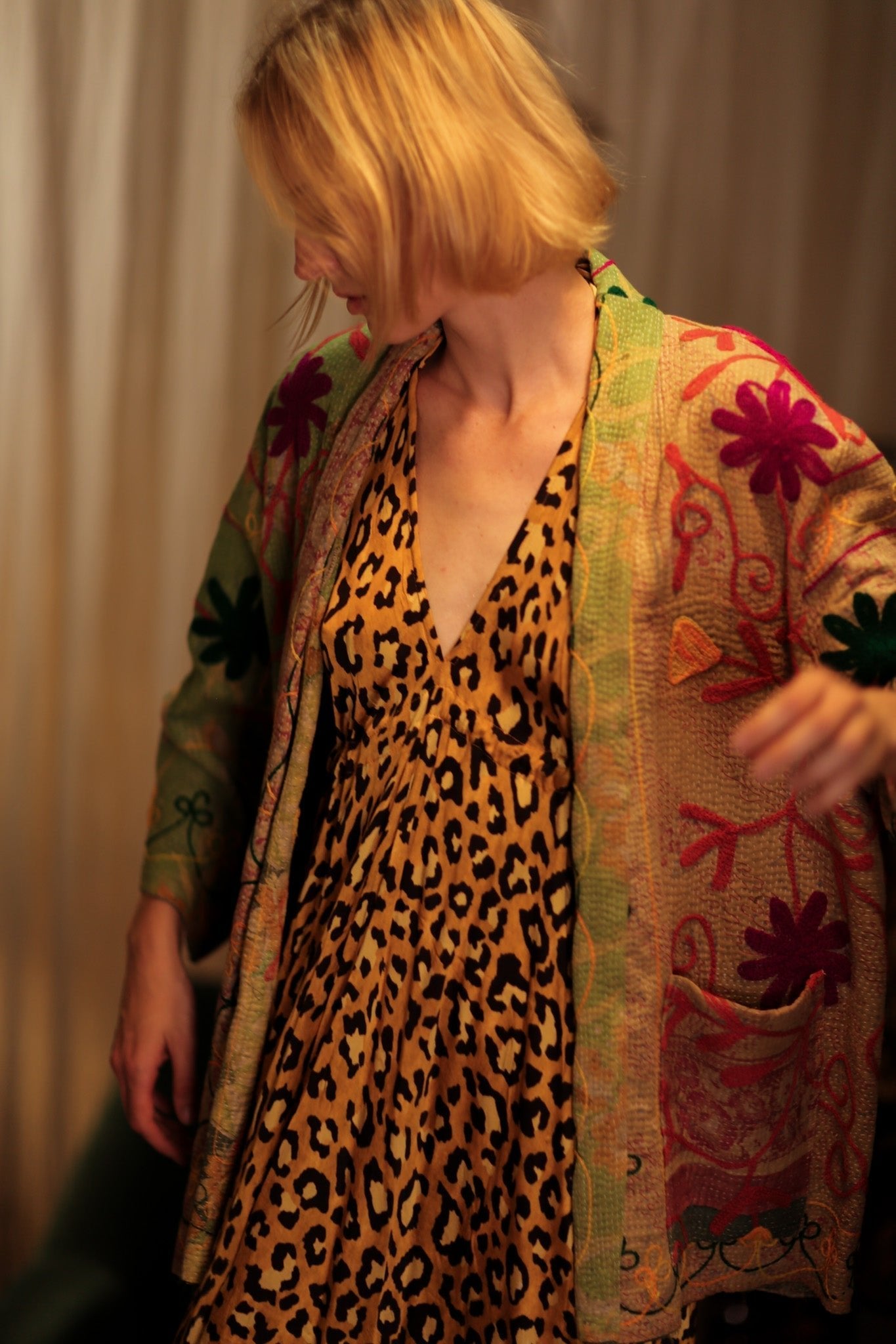 KANTHA EMBROIDERED SHORT MONTY KIMONO GRASS - MOMO STUDIO BERLIN - Berlin Concept Store - sustainable & ethical fashion