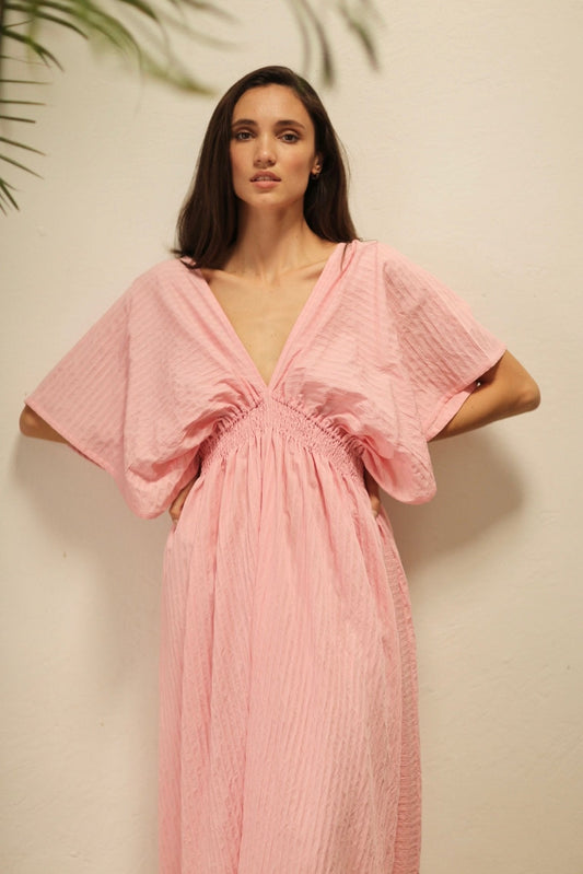 MELANTHIOS PINK COTTON V-NECK DRESS - MOMO STUDIO BERLIN - Berlin Concept Store - sustainable & ethical fashion