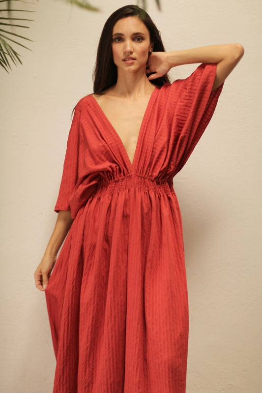 MELANTHIOS RED COTTON V-NECK DRESS - MOMO STUDIO BERLIN - Berlin Concept Store - sustainable & ethical fashion