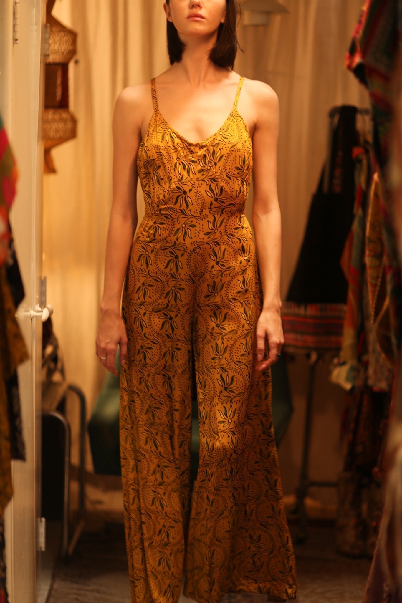 NEIS SILK PLAYSUIT YELLOW OLIVES - MOMO STUDIO BERLIN - Berlin Concept Store - sustainable & ethical fashion