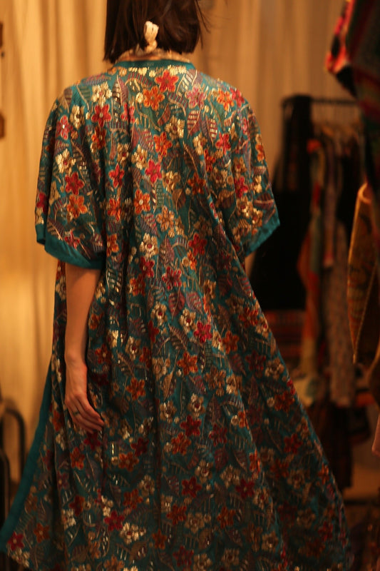 NIKITA TURQUOISE EMBROIDERED SILK KIMONO - MOMO STUDIO BERLIN - Berlin Concept Store - sustainable & ethical fashion