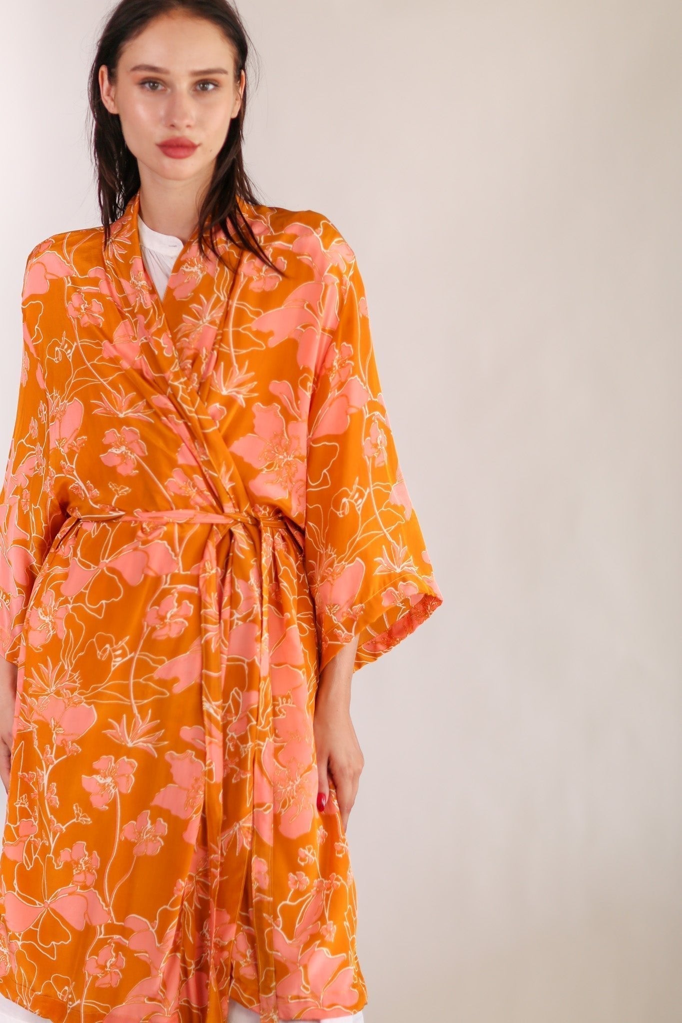 ORANGE FLOWER PRINT SILK KIMONO GOLBY - MOMO STUDIO BERLIN - Berlin Concept Store - sustainable & ethical fashion