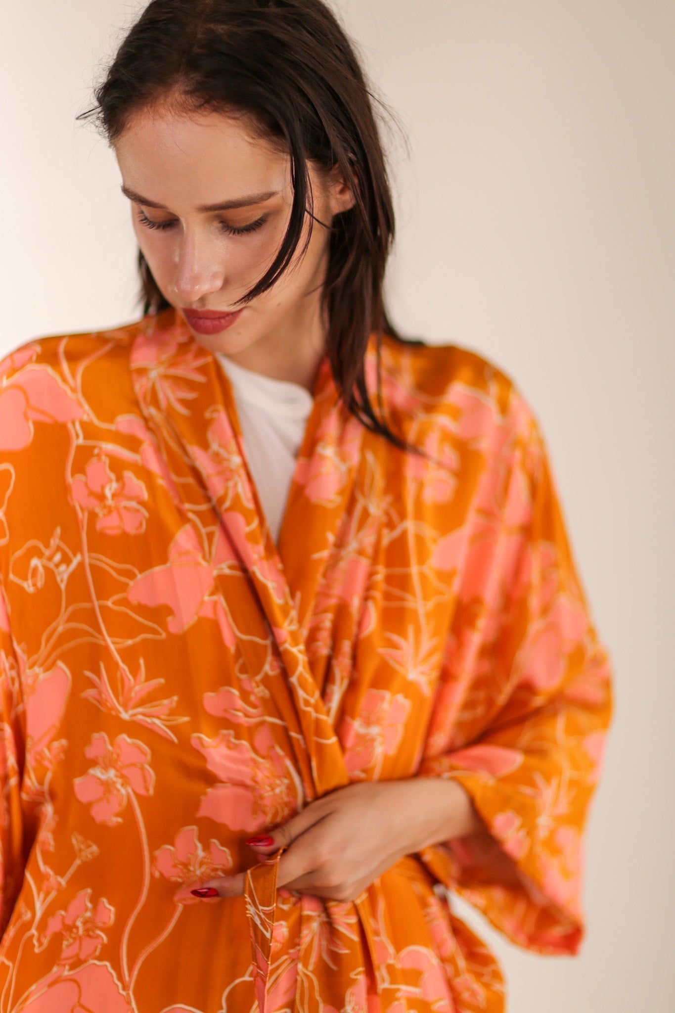 ORANGE FLOWER PRINT SILK KIMONO GOLBY - MOMO STUDIO BERLIN - Berlin Concept Store - sustainable & ethical fashion