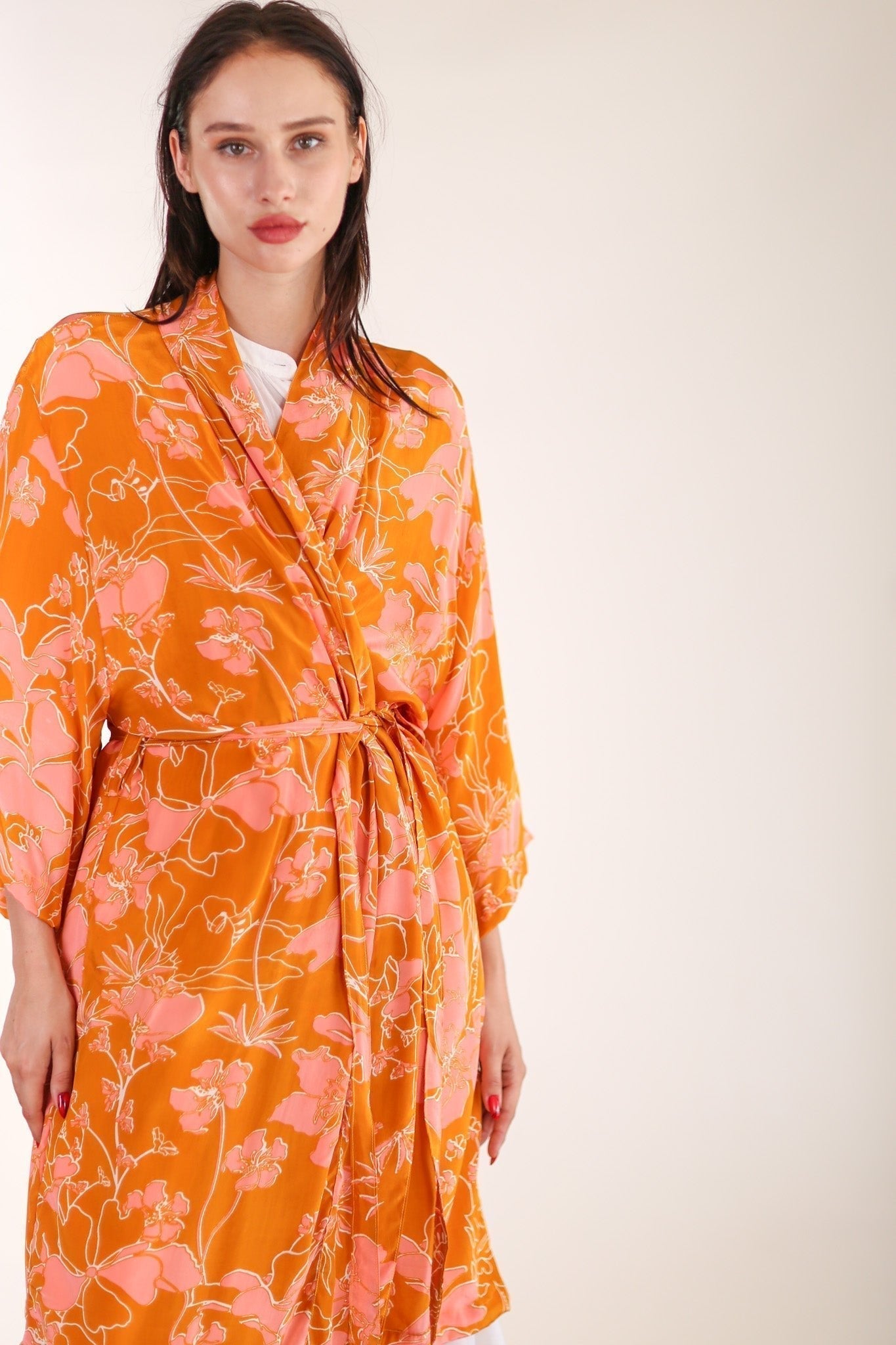 ORANGE FLOWER PRINT SILK KIMONO GOLBY - MOMO STUDIO BERLIN - Berlin Concept Store - sustainable & ethical fashion