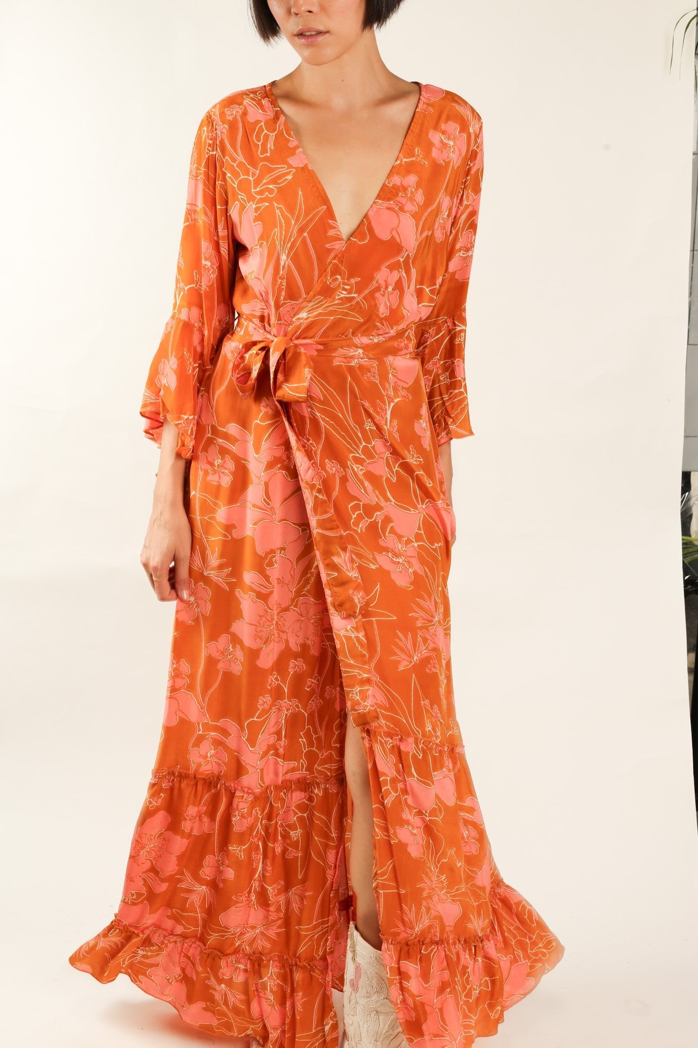 ORANGE FLOWER SILK WRAP DRESS - MOMO STUDIO BERLIN - Berlin Concept Store - sustainable & ethical fashion