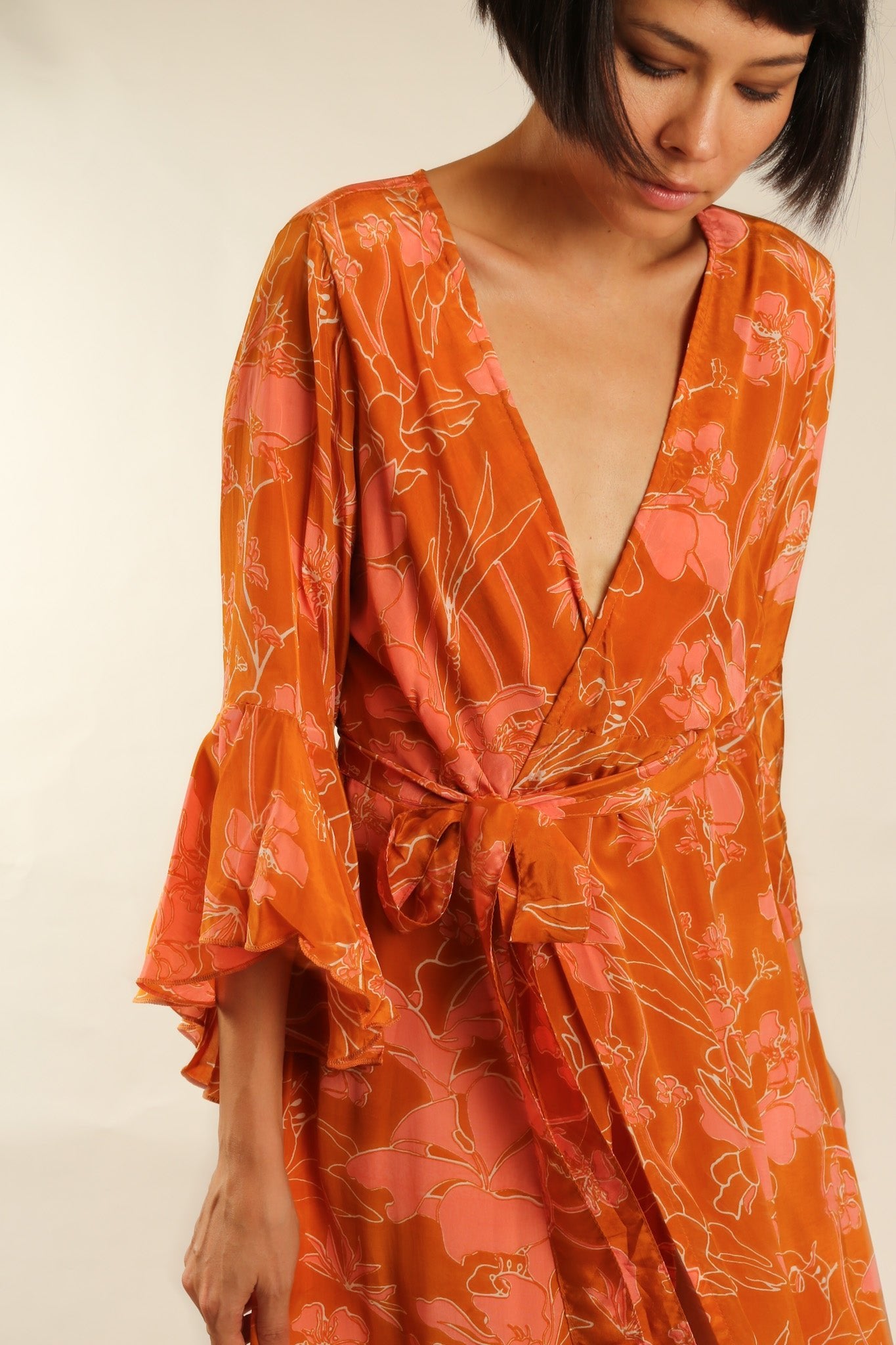 ORANGE FLOWER SILK WRAP DRESS - MOMO STUDIO BERLIN - Berlin Concept Store - sustainable & ethical fashion