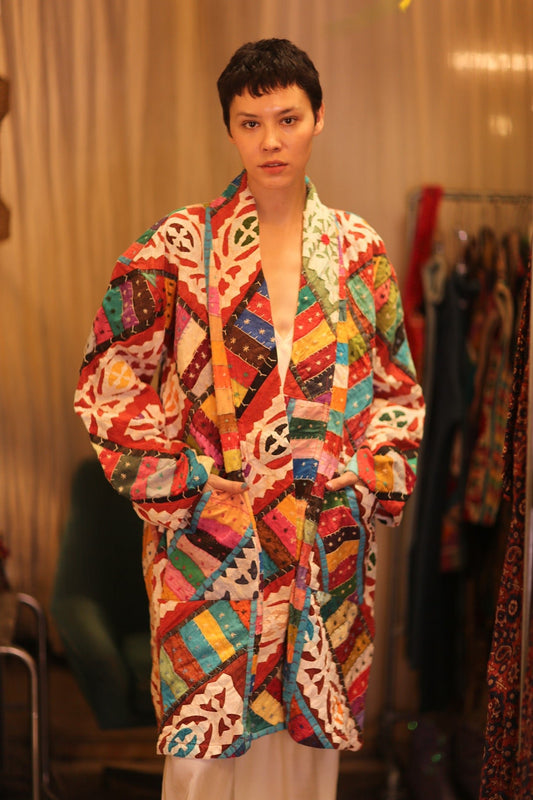 PATCHWORK PATTERN KANTHA LONG KIMONO RAINBOW - MOMO STUDIO BERLIN - Berlin Concept Store - sustainable & ethical fashion
