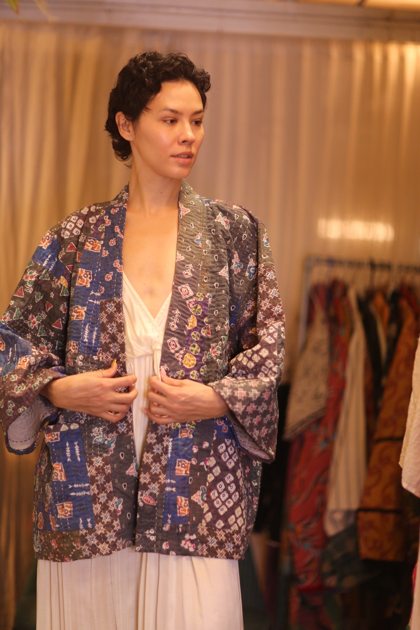 PATCHWORK PATTERN KANTHA SHORT KIMONO MEEPHYO - sustainably made MOMO NEW YORK sustainable clothing, coatandjacket slow fashion