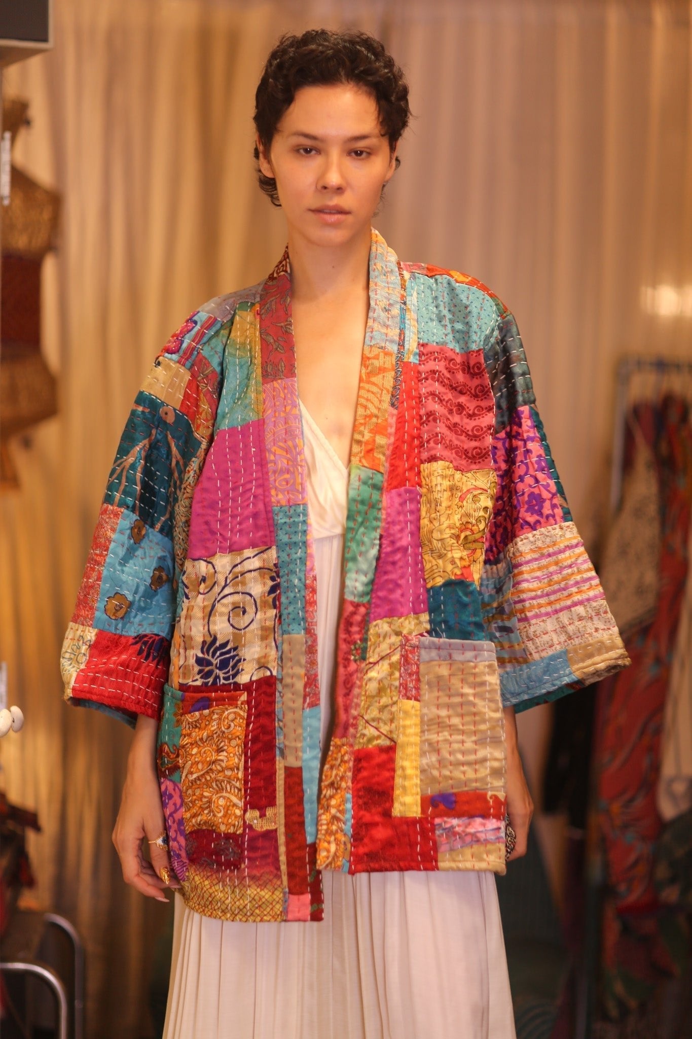 PATCHWORK PATTERN KANTHA SHORT KIMONO SHILA - sustainably made MOMO NEW YORK sustainable clothing, coatandjacket slow fashion