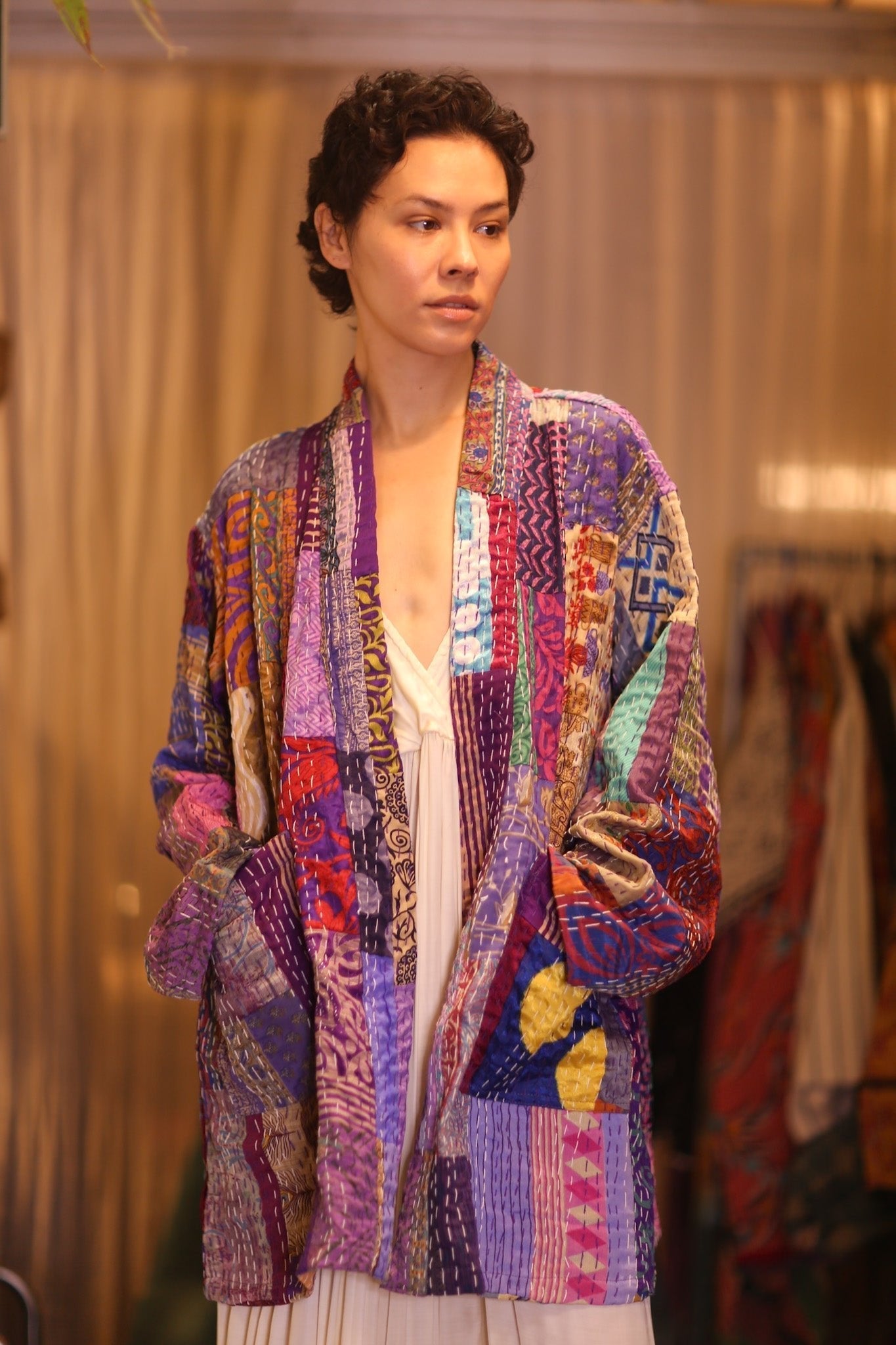 PATCHWORK PATTERN KANTHA SHORT KIMONO SUA - sustainably made MOMO NEW YORK sustainable clothing, coatandjacket slow fashion