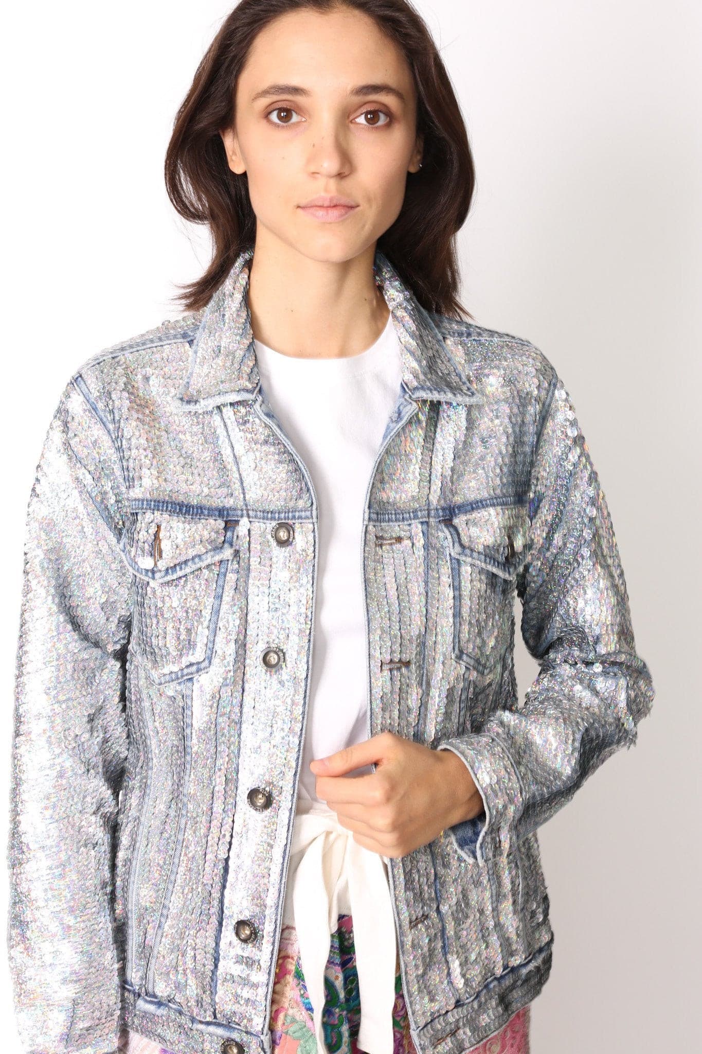 SEQUIN HAND EMBROIDERED DENIM JACKET DEMI (SILVER) - MOMO STUDIO BERLIN - Berlin Concept Store - sustainable & ethical fashion