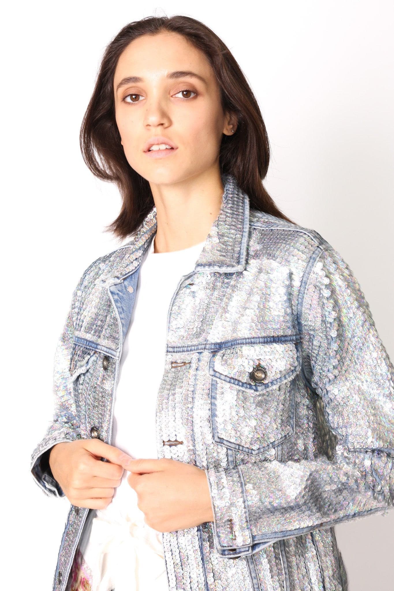 SEQUIN HAND EMBROIDERED DENIM JACKET DEMI (SILVER) - MOMO STUDIO BERLIN - Berlin Concept Store - sustainable & ethical fashion