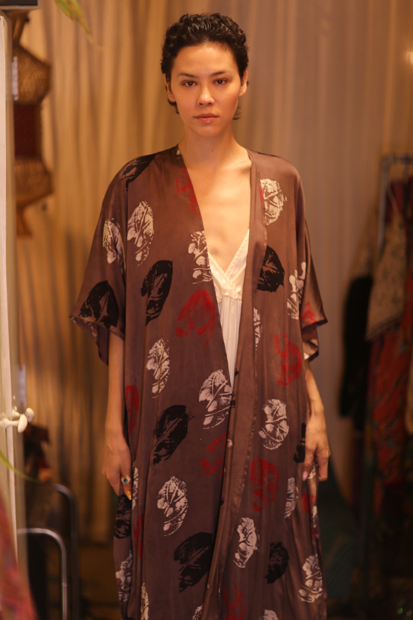 SILK LONG KIMONO WITH BELT NIKO - sustainably made MOMO NEW YORK sustainable clothing, kimono slow fashion