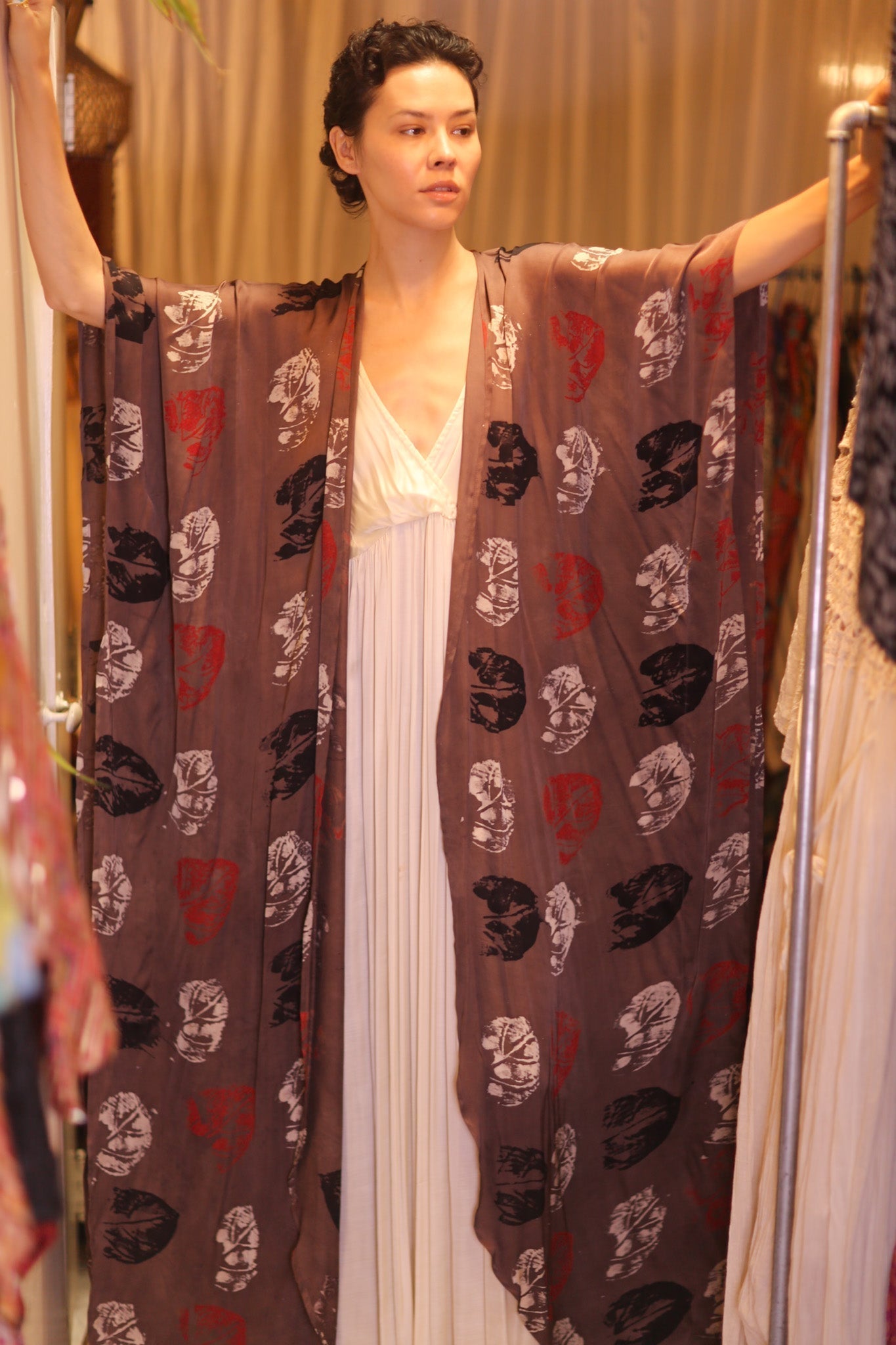 SILK LONG KIMONO WITH BELT NIKO - sustainably made MOMO NEW YORK sustainable clothing, kimono slow fashion