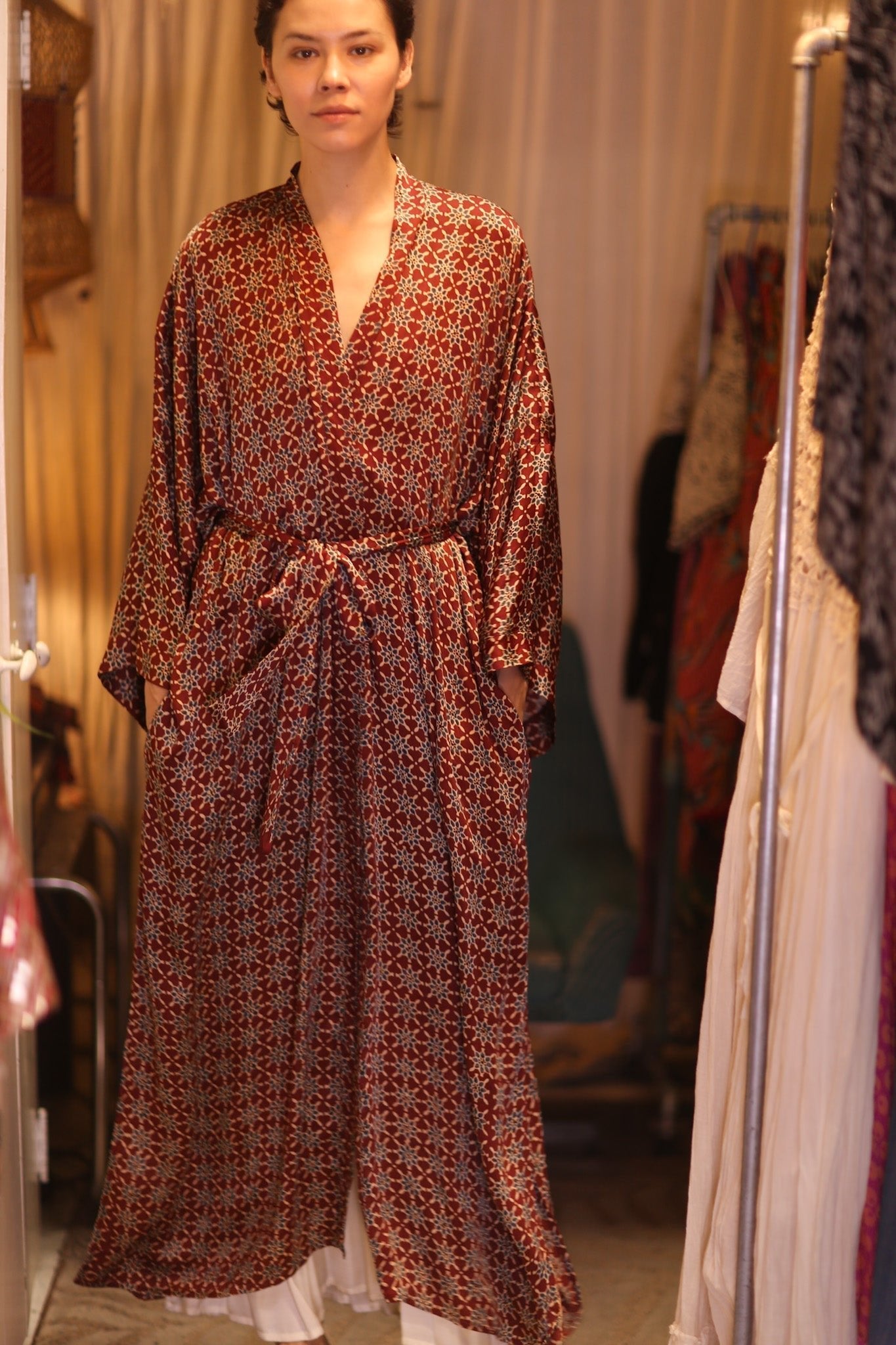 SILK LONG KIMONO WITH BELT UNI - sustainably made MOMO NEW YORK sustainable clothing, kimono slow fashion