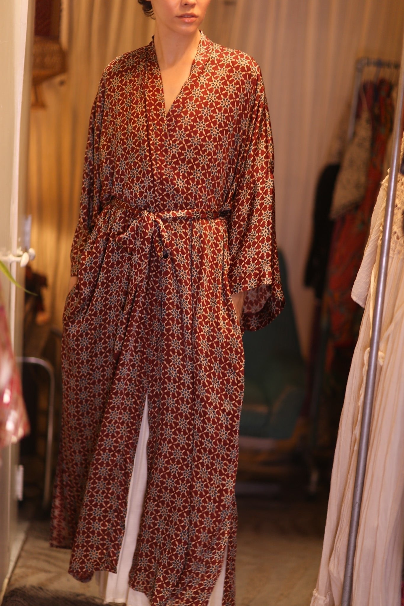 SILK LONG KIMONO WITH BELT UNI - sustainably made MOMO NEW YORK sustainable clothing, kimono slow fashion