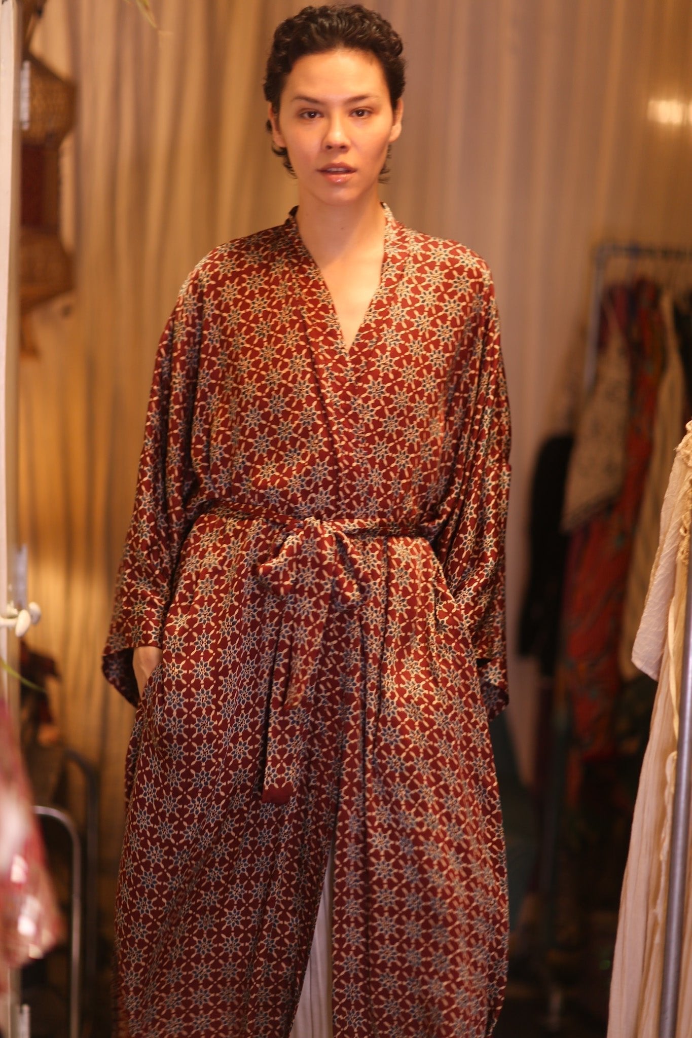 SILK LONG KIMONO WITH BELT UNI - sustainably made MOMO NEW YORK sustainable clothing, kimono slow fashion