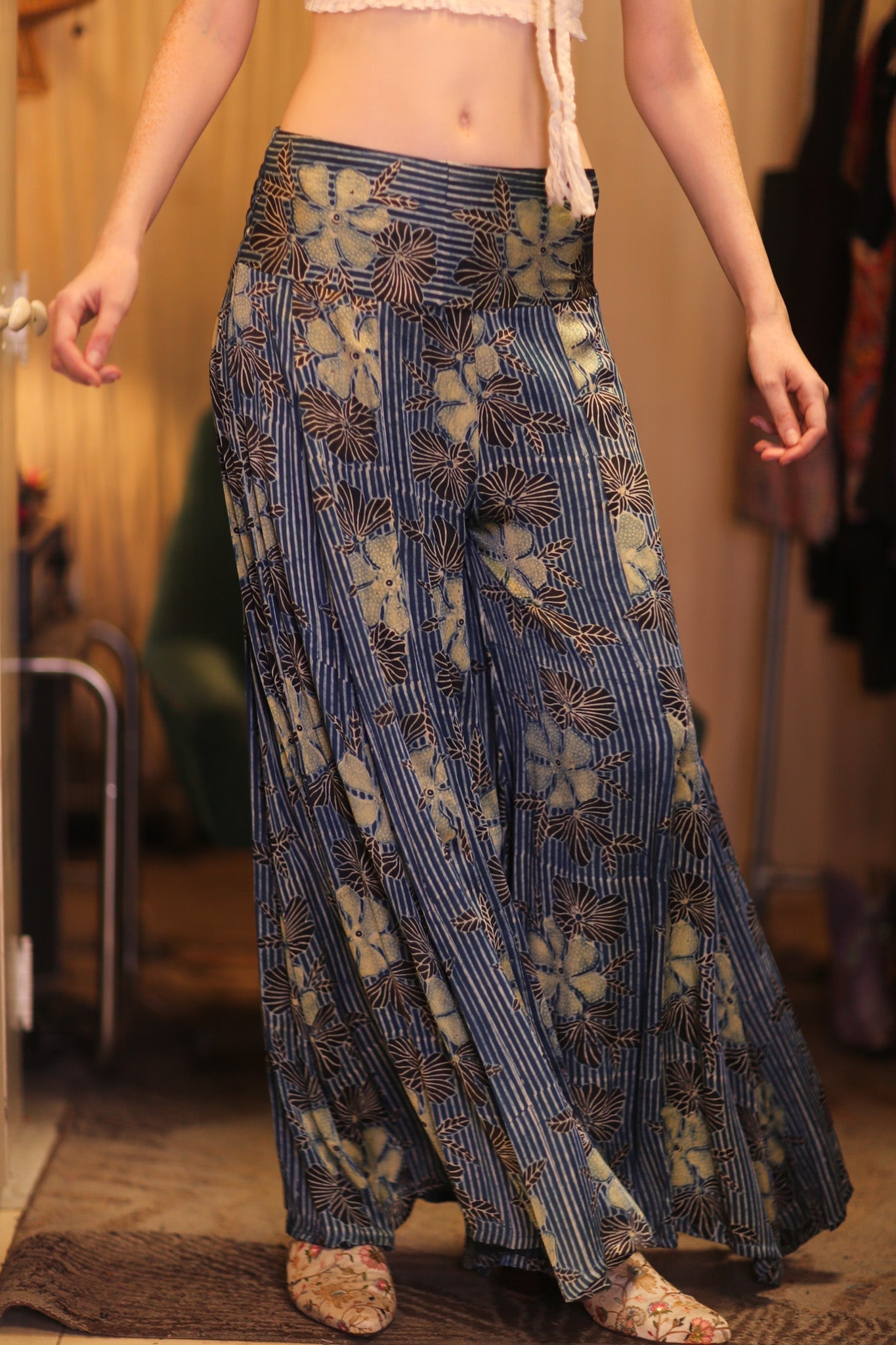 SILK WIDE LEGS LONG PANTS RUBY HIBISCUS - BANGKOK TAILOR CLOTHING STORE - HANDMADE CLOTHING