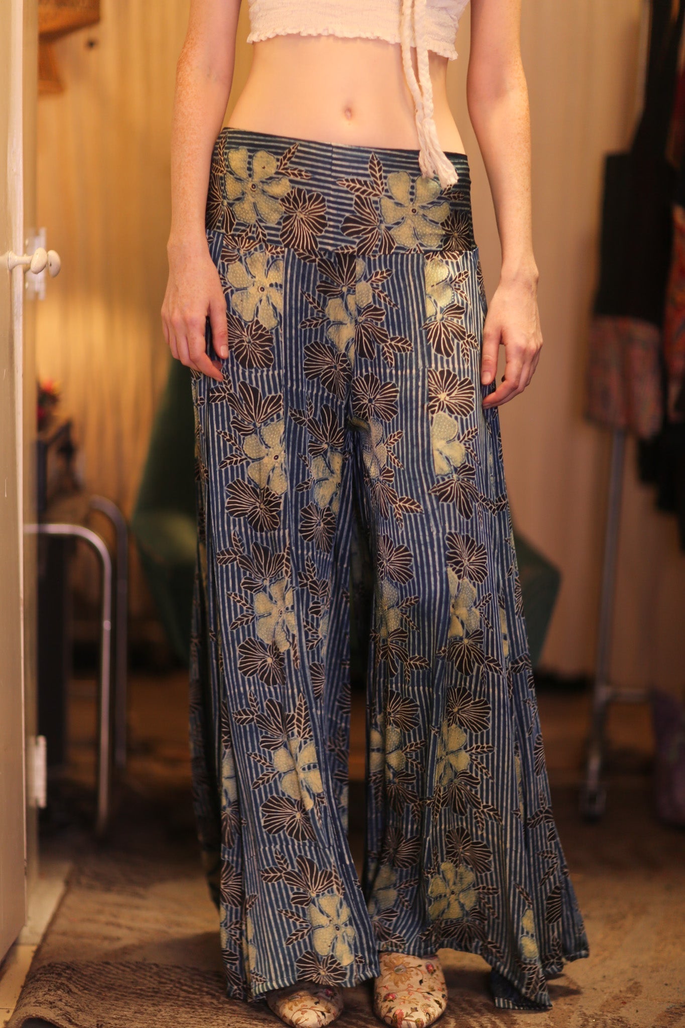 SILK WIDE LEGS LONG PANTS RUBY HIBISCUS - BANGKOK TAILOR CLOTHING STORE - HANDMADE CLOTHING