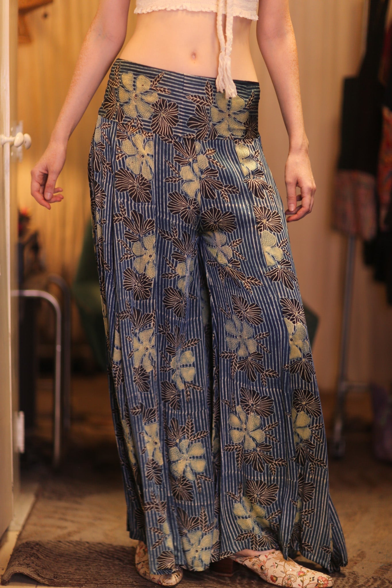 SILK WIDE LEGS LONG PANTS RUBY HIBISCUS - BANGKOK TAILOR CLOTHING STORE - HANDMADE CLOTHING