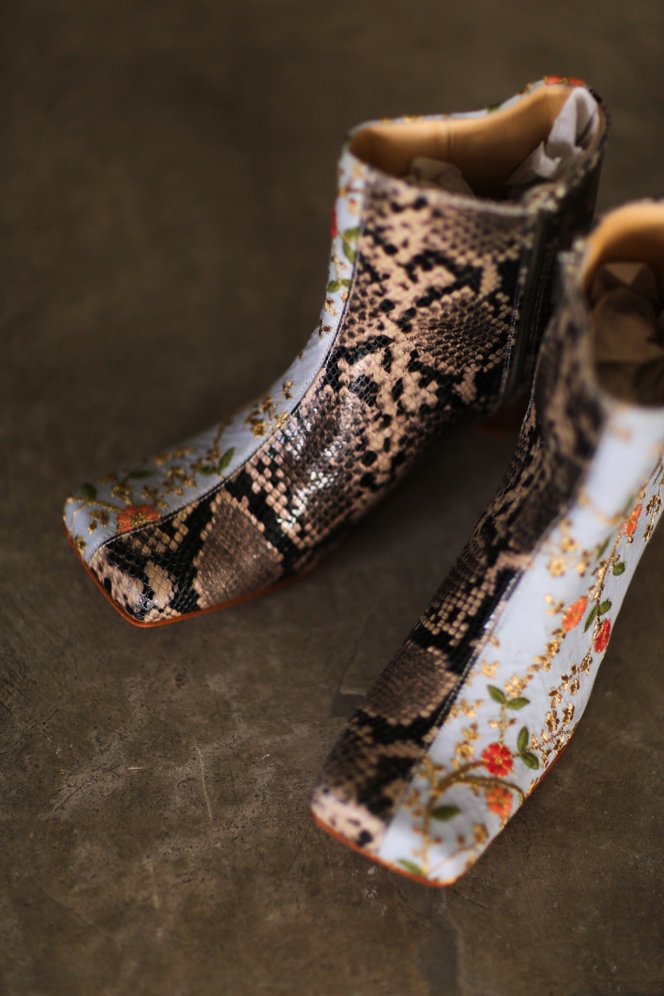 SPLIT SNAKE SKIN LEATHER EMBROIDERED SILK BOOTS - MOMO STUDIO BERLIN - Berlin Concept Store - sustainable & ethical fashion