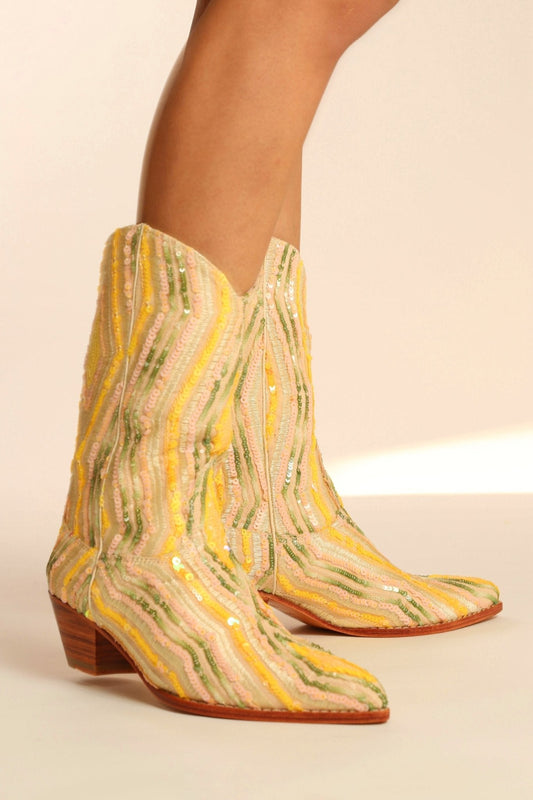 YELLOW WESTERN SEQUIN EMBROIDERED BOOTS SILK MADELAIN - MOMO STUDIO BERLIN - Berlin Concept Store - sustainable & ethical fashion